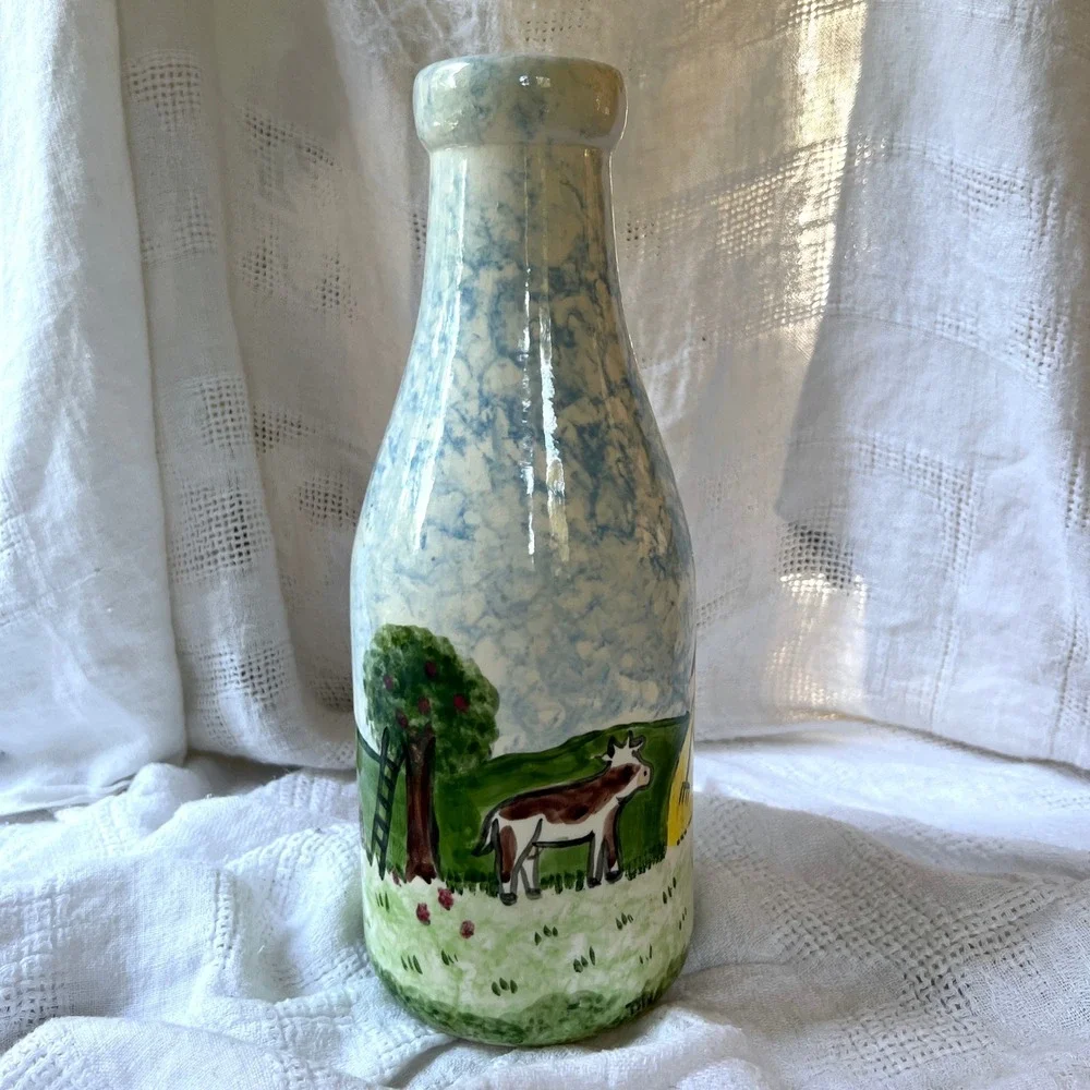 Vintage 80s Hand Painted Ceramic Milk Bottle Vase Cottage Country Barn Folk Art